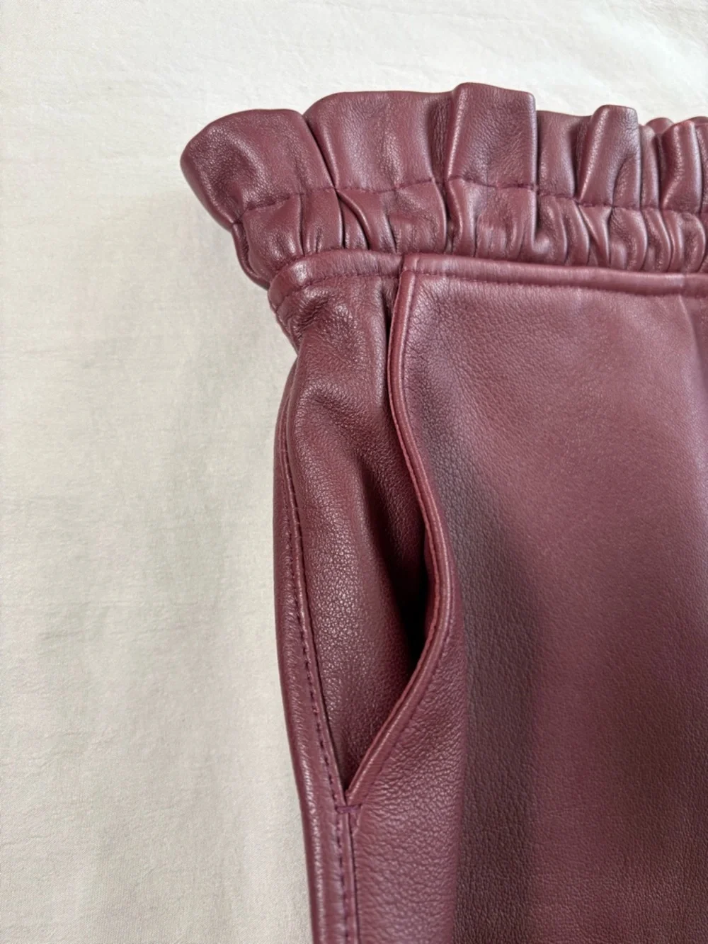 Maje Jet Leather Burgundy Paperbag Mini Skirt w/ Front Zipper and Drawstring